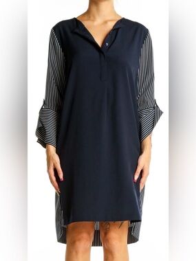 LOFT Chic & Sharp! Navy Blue Mixed Media Shirt Dress White Striped 3/4 Sleeves